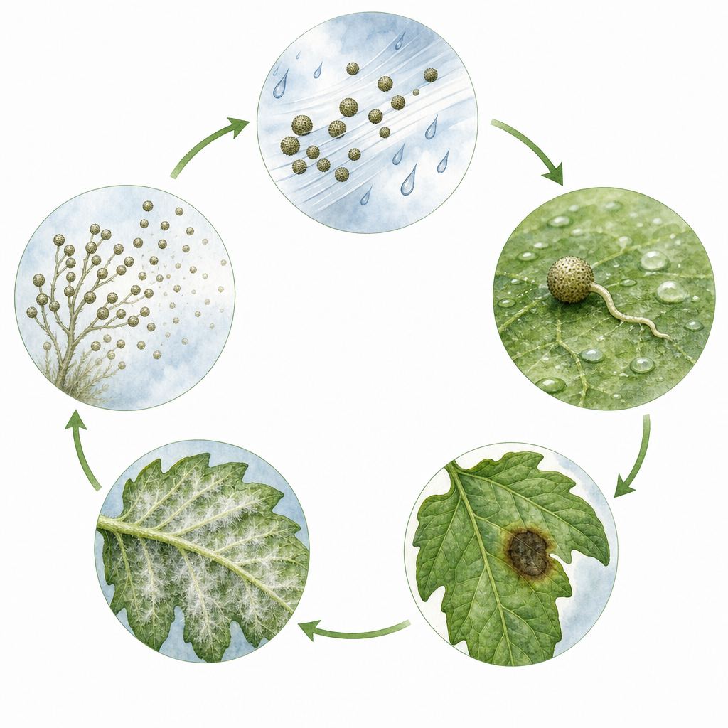 Schéma du cycle de développement du mildiou de la tomate (Phytophthora infestans) en 5 étapes : spore, germination, infection, sporulation, dissémination