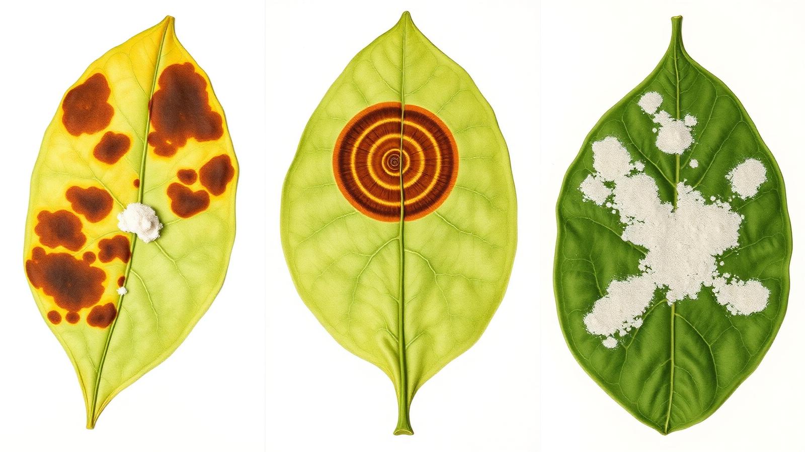 Comparatif visuel des maladies de la tomate : mildiou, alternariose et oïdium côte à côte sur feuille