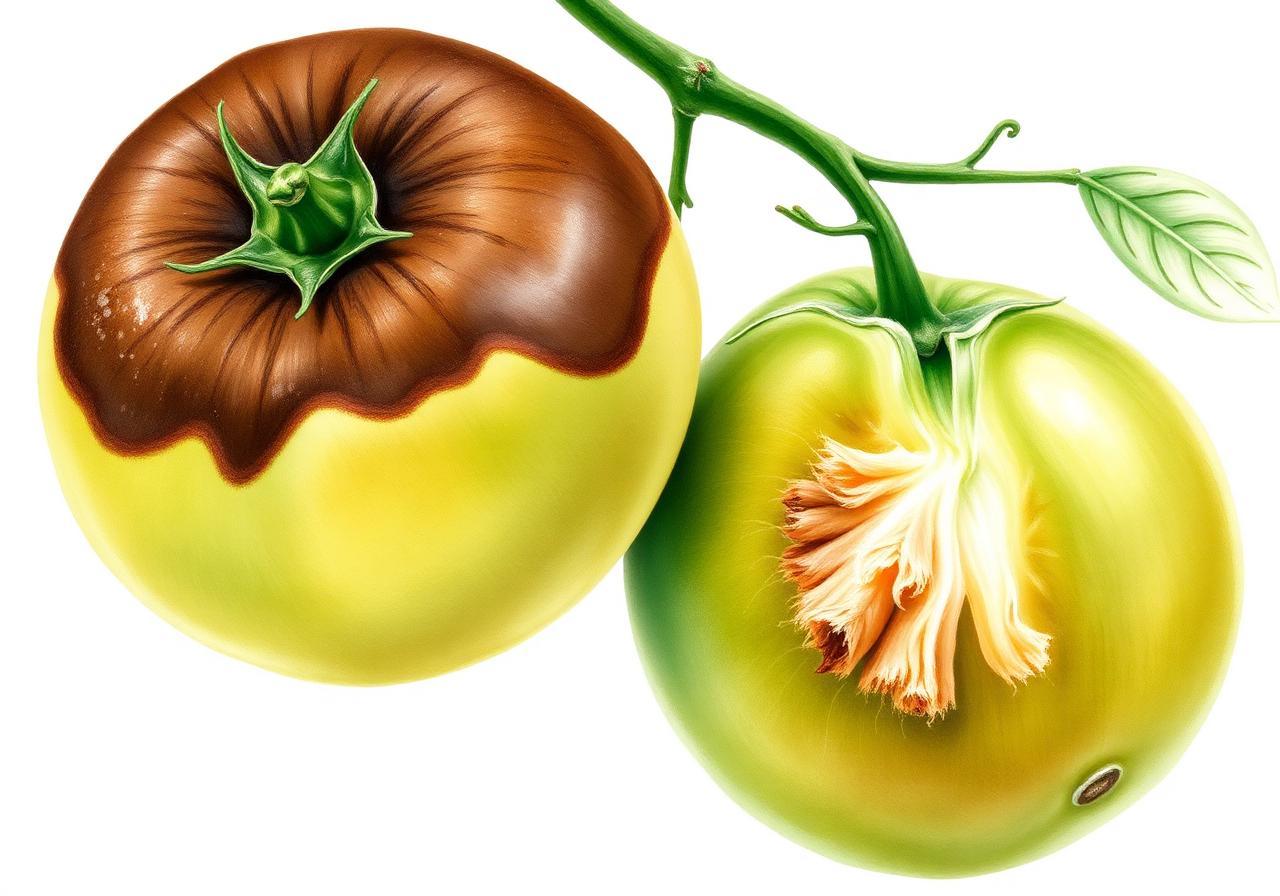 Tomate verte atteinte de mildiou : larges taches brunes marbrées et fermes sur l'épiderme du fruit