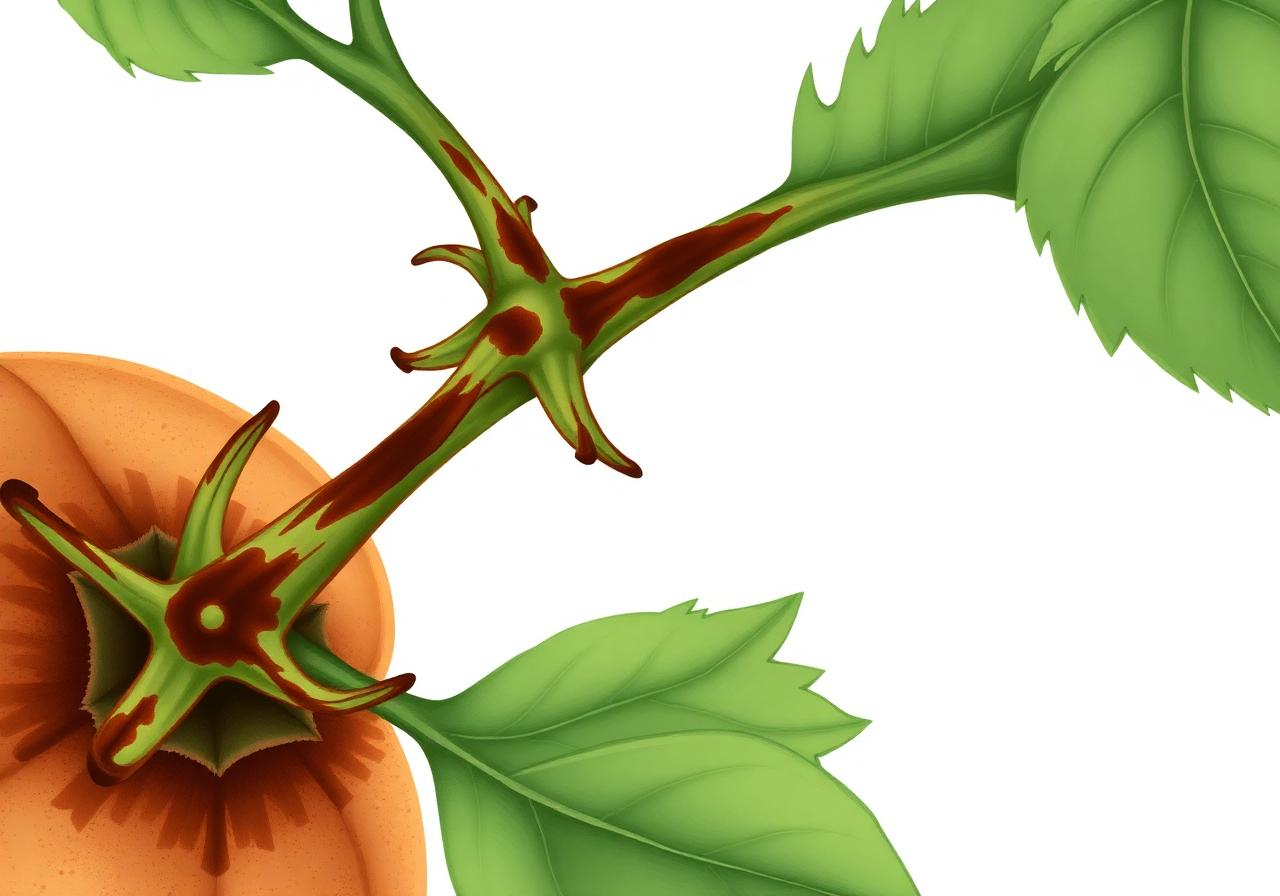 Tige de plant de tomate présentant une lésion brune allongée caractéristique du mildiou (Phytophthora infestans)